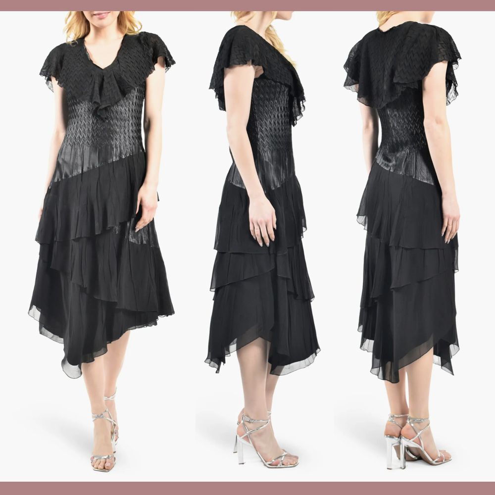 NWD $348 Komarov [ Small ] Flutter Sleeve Asymmetrical Tiered Dress Black #U1181